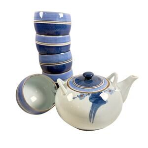 Arita Ware Grey Floral Japanese Tea Set with Teapot & 5 Cups w/ Lids Modern